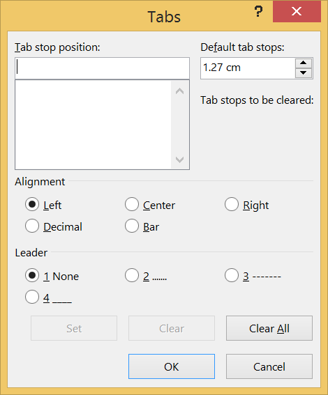 tabs, dialog box, word, ACE formatting, tips and tricks, word hacks